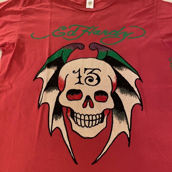 Vintage Ed Hardy by Christian Audigier Jewel Crystal Skull & Wings T Shirt - Picture 2 of 15